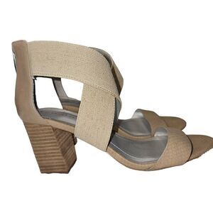 Tahari Aruba Women's Size 7.5 Nude Beige Canvas Heel Open Toe Sandals.